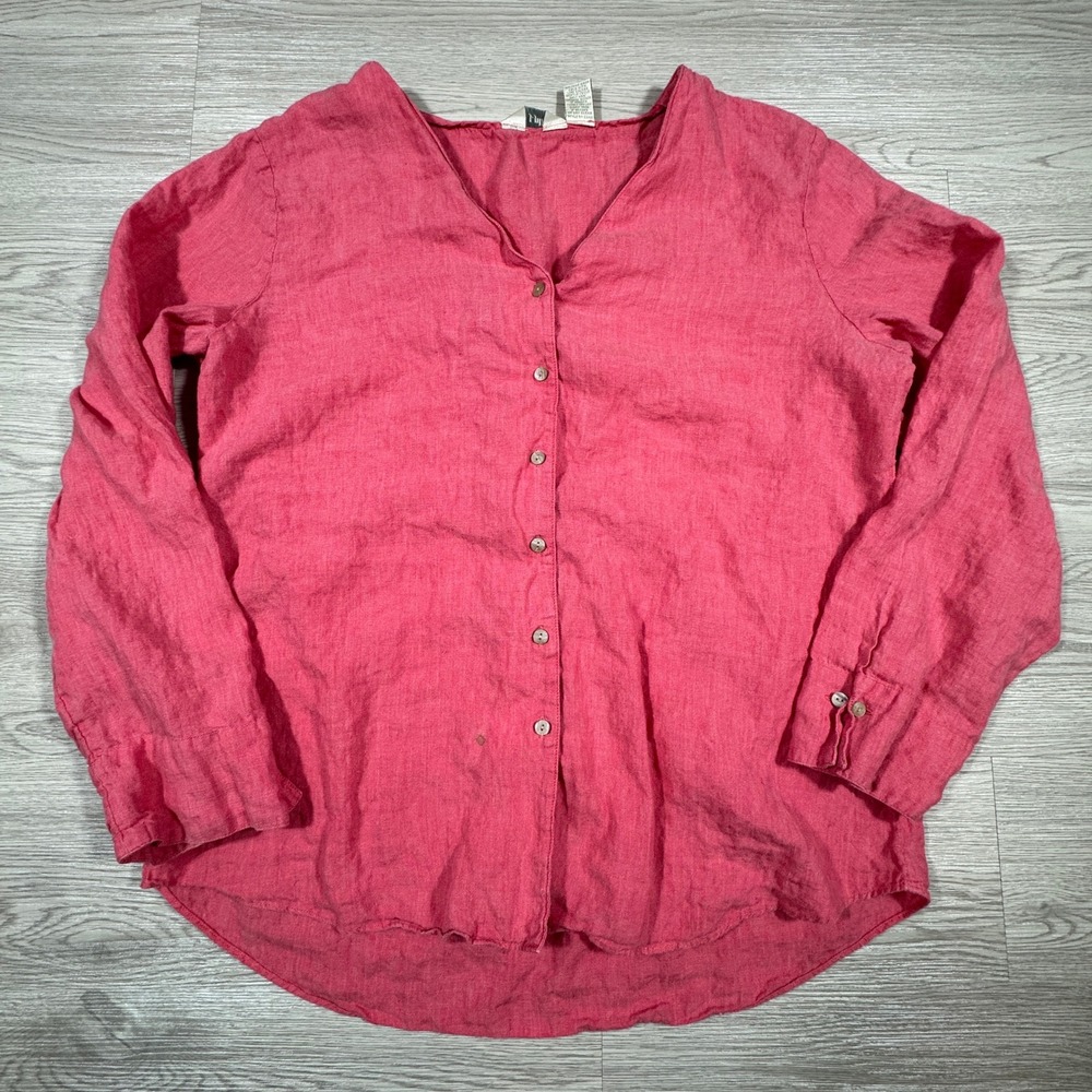 J. Jill Women's Linen Button Down Shirt Pink Large Long‎ Sleeve V-Neck Relaxed
